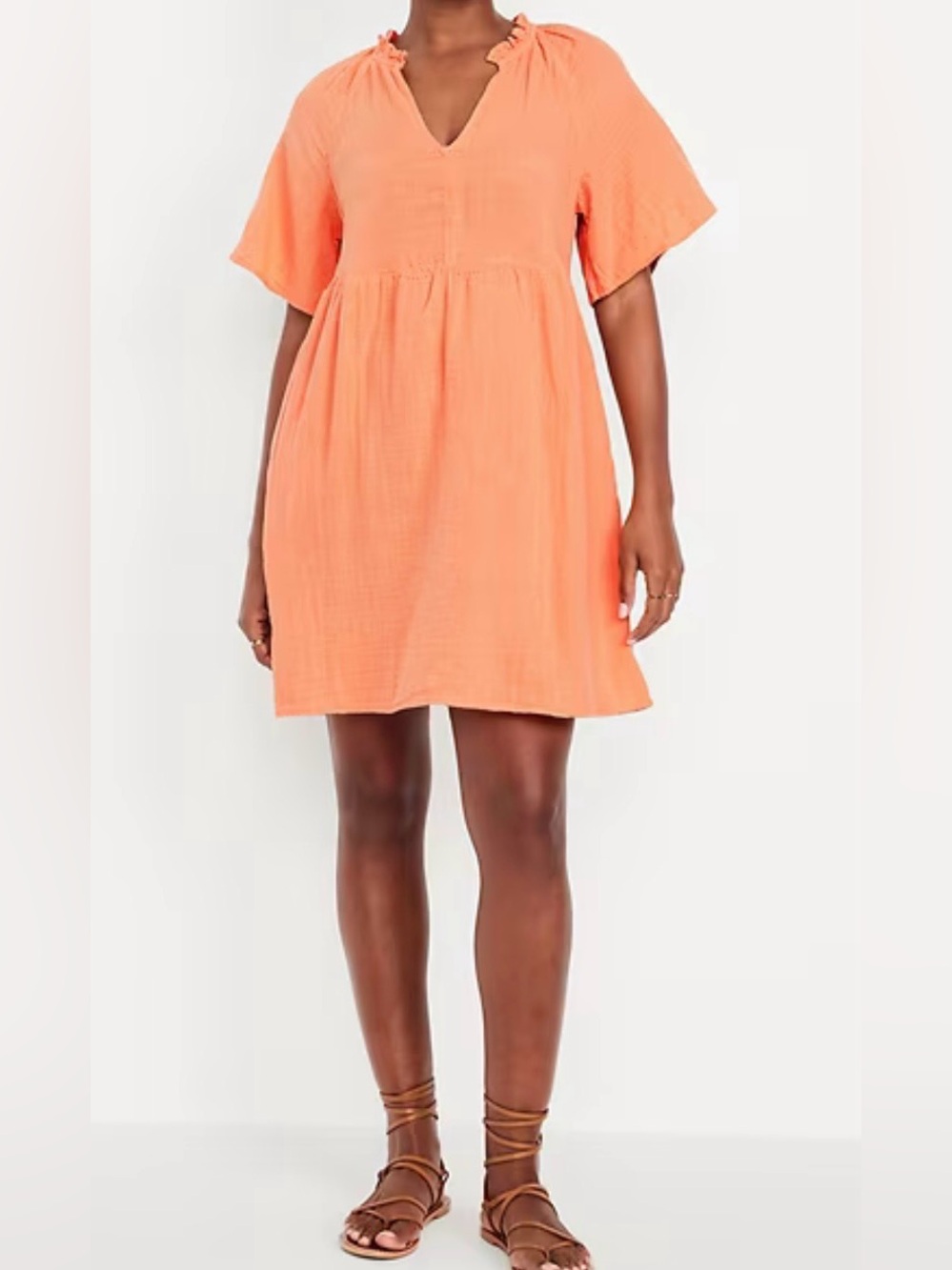 Old Navy Peach Short Sleeve Split-Neck Crinkle Gauze Mini Swing Dress